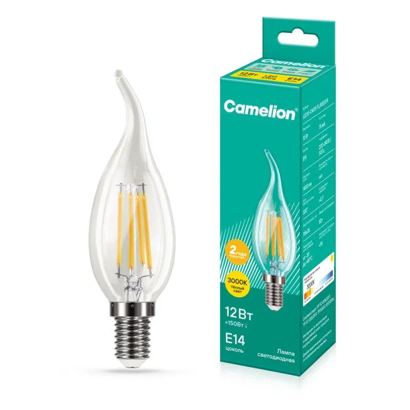 Лампа светодиодная филаментная LED12-CW35-FL/830/E14 12Вт свеча прозрачная 3000К тепл. бел. E14 207-244В Camelion 13710