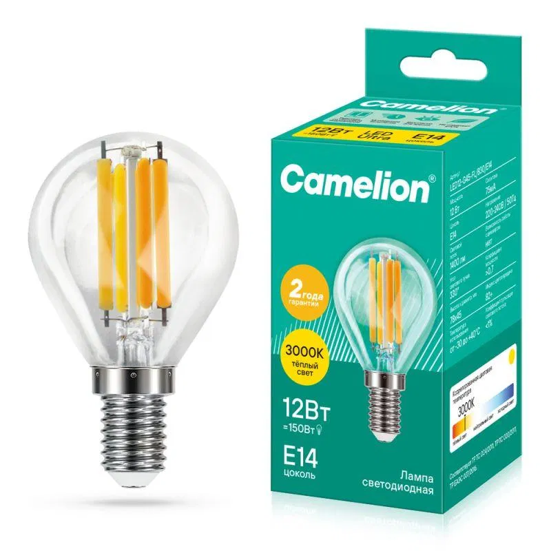 LED filament lamp LED12-G45-FL/830/E14 12W sphere transparent 3000K warm white E14 207-244V Camelion 13712