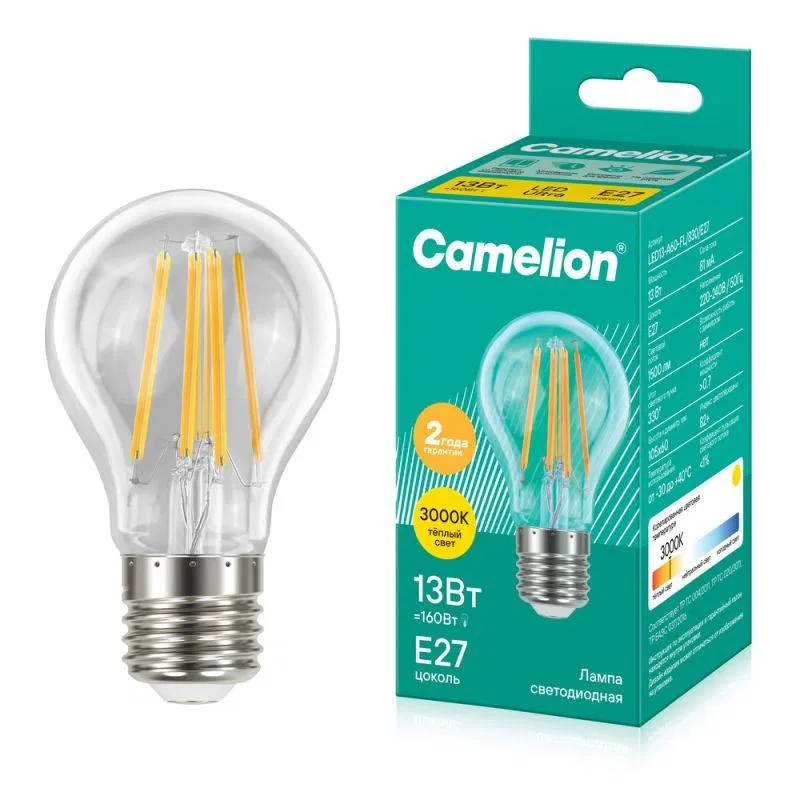 Лампа светодиодная филаментная LED13-A60-FL/830/E27 12Вт грушевидная прозрачная 3000К тепл. бел. E27 220-240В Camelion 13716