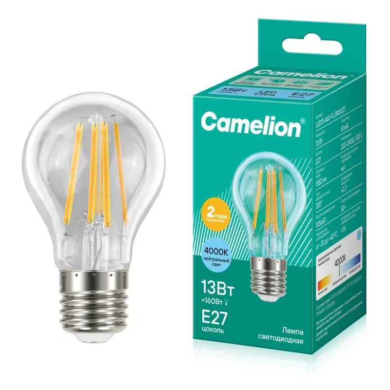 Лампа светодиодная филаментная LED13-A60-FL/845/E27 13Вт грушевидная прозрачная 4500К бел. E27 220-240В Camelion 13717