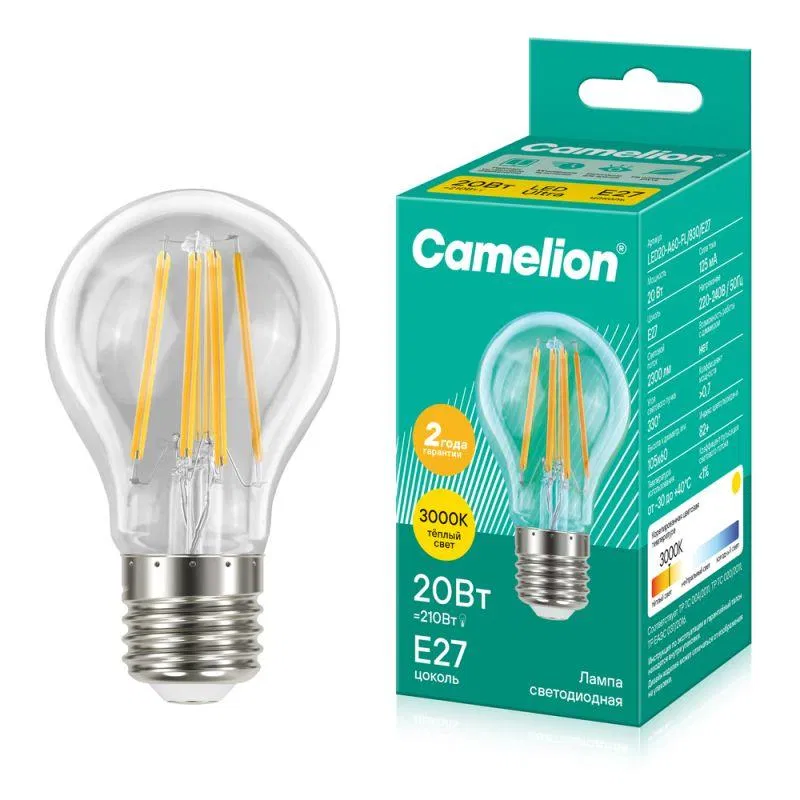 LED 灯泡 LED20-A60-FL/830/E27 20W 梨形透明 3000K Warm White E27 220-240V Camelion 13718