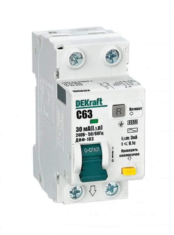 Residual current circuit breaker 2P (1P+N) C 63A 30mA type AC 4.5kA DIF-103 DEKraft 16058DEK