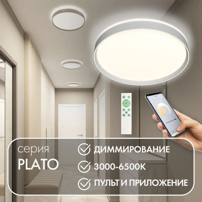 Светильник 50Вт 3000К-6500К IP20 накладной со встроен. светодиодом управление пульт Д/У (в комплекте) и Wi-Fi 2.4Ггц эко система Smart Life Яндекс Алиса метал. полимер бел. DENKIRS 780289