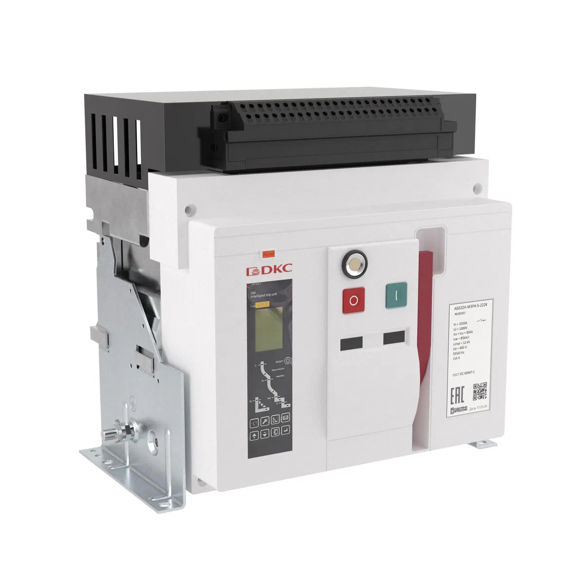 Воздушный автоматический выключатель YON AGS20H 3Р 2000 А 85 кА, типоразмер M, расцепитель 3M, фиксированный, управление 220 В AC, горизонтальное подключение AGS20H-M3FH-5-222K DKC