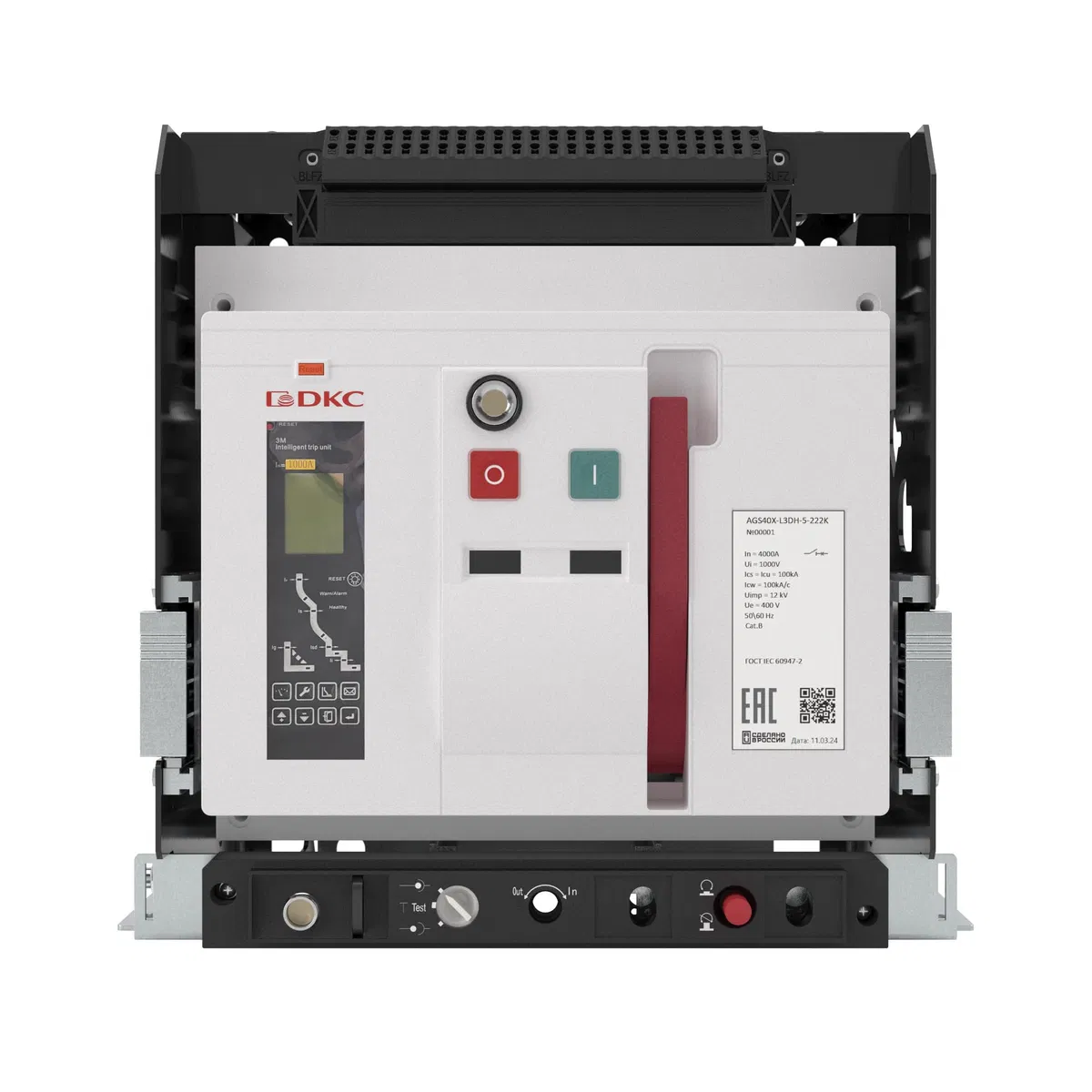 Воздушный автоматический выключатель YON AGS32X 3Р 3200 А 100 кА, типоразмер L, расцепитель 3H, выкатной, управление 220 В AC, горизонтальное подключение AGS32X-L3DH-6-222M DKC