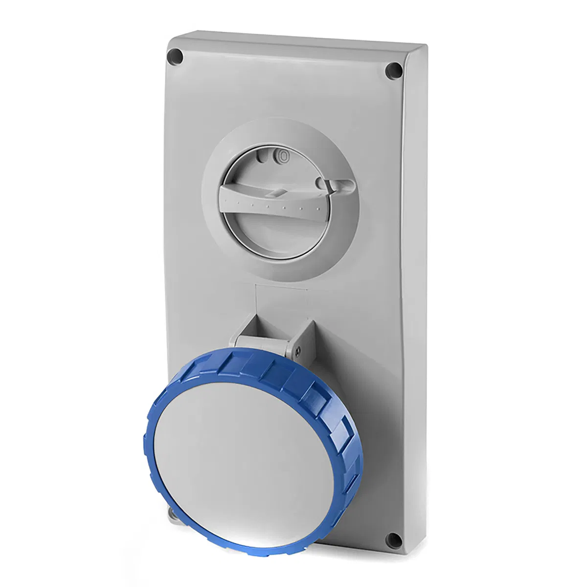 Socket with mechanical interlocking and top connector placement. 63A, 2P+E