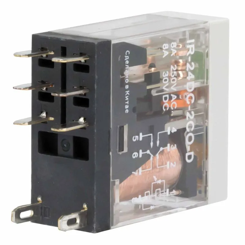 Реле миниатюрное промышленное, 2CO, ком. ток 8А, AgSnO2, напряжение 24V DC, опция: тест-кнопка+светодиод+защитный диод IR-24DC-2CO-D DKC
