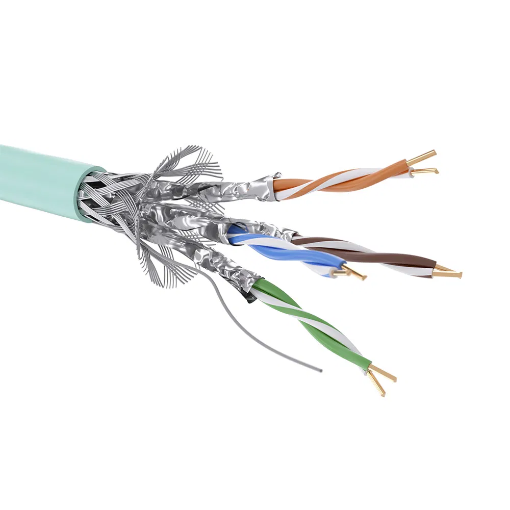 Кабель витая пара кат. 6A экранированный S/FTP, 4 пары, нг(А)-HF, цвет внешней оболочки аква, катушка 500 м RN6ASFK01AQ DKC