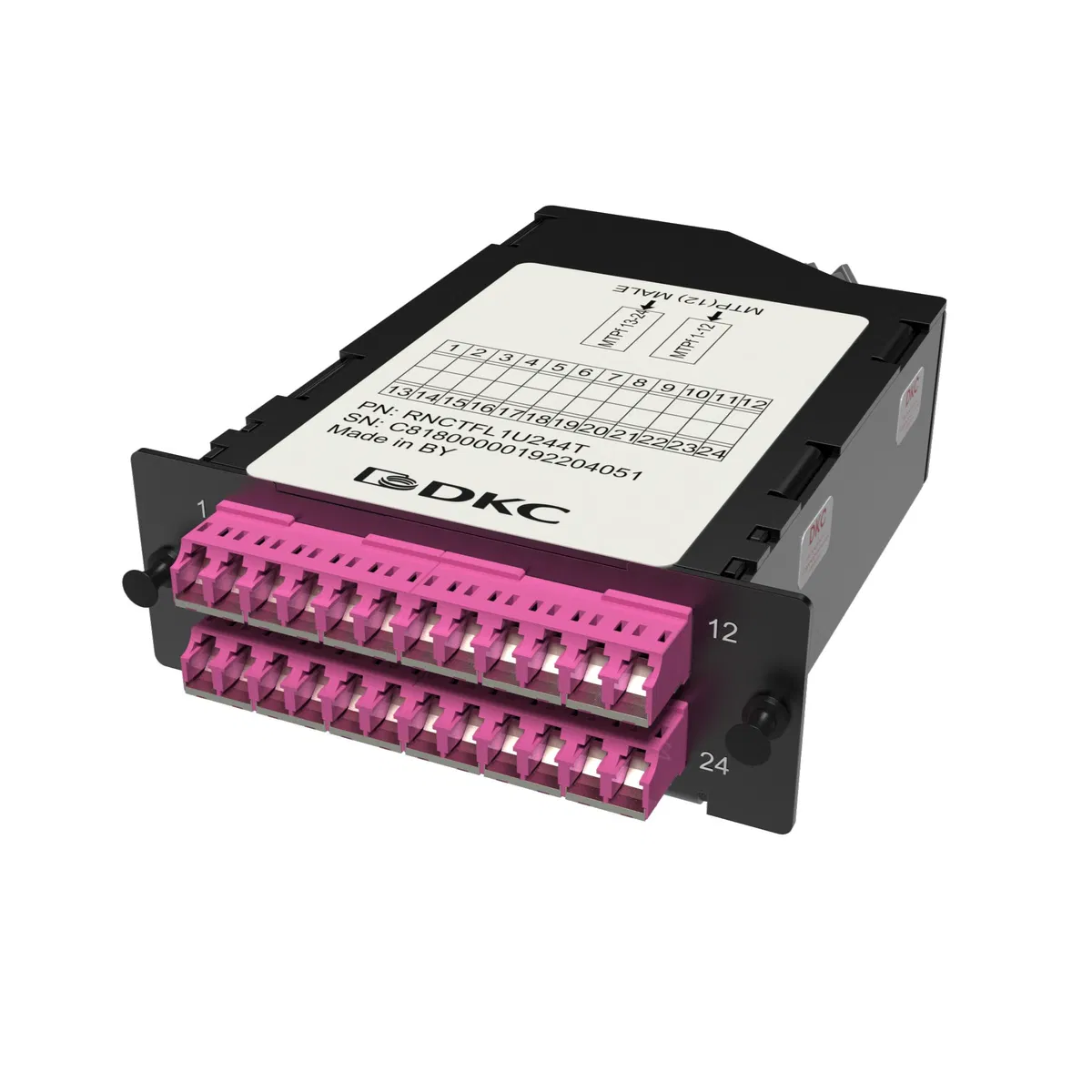 Претерминированная кассета 24ОВ 50/125 OM4, 2xMTP(12)f/12xLC двухволоконный (Duplex) (с интегрированными шторками), 1 HU RNCTFL1U244T DKC