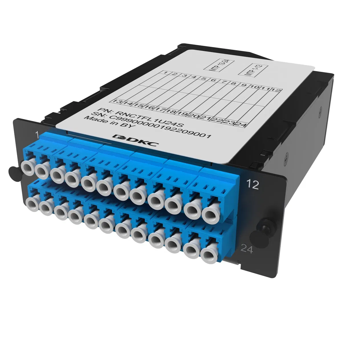 Претерминированная кассета 24ОВ 09/125 OS2, 2xMTP(12)f/12xLC-UPC двухволоконный (Duplex), 1 HU RNCTFL1U24S DKC
