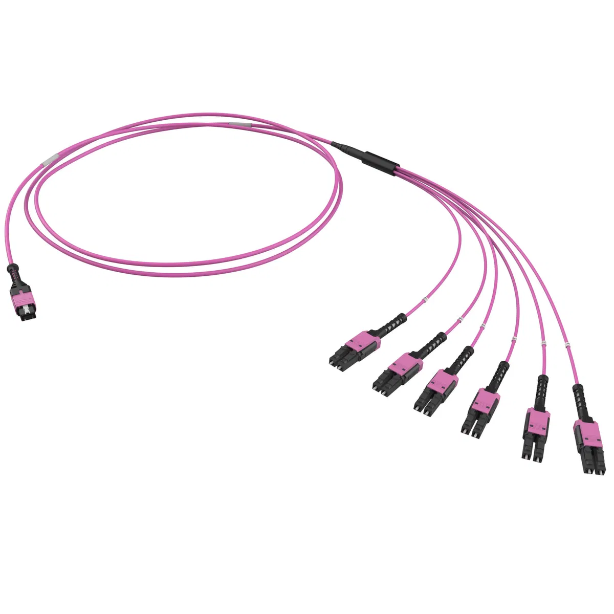 Оптическая разветвительная сборка 12ОВ 50/125 OM4, 1xMTP PRO(12)/6хLC двухволоконный (Duplex) Uniboot, 1м (предустановленная конфигурация: MTP Male , тип полярности - прямая (Tx-->Rx) RNFML12401 DKC