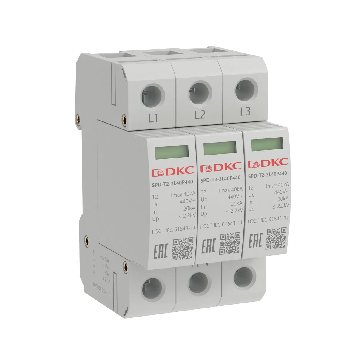 Surge Protective Device Type 2 3 Poles Imax 40kA with Replaceable Module Un 440V SPD-T2-3L40P440 DKC