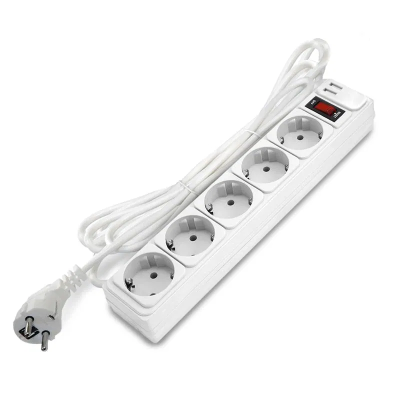 Удлинитель с сетевым фильтром 5х3м с заземл 10А 2.2кВт IP20 2хUSB ПВС 3х1 с выкл. бел. DOMTOK 2565