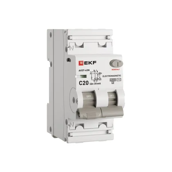 Residual current circuit breaker with overcurrent protection AVDT-63N 1P+N 20A curve C 30mA type AC electromechanical 6kA PROXIMA EKF D63N26M20C30