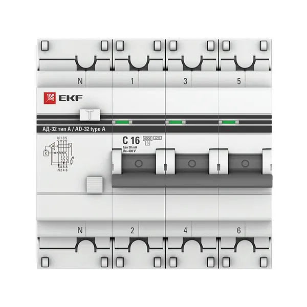 Residual current circuit breaker with overcurrent protection AD-32 3P+N 16A curve C 30mA type A electronic 6kA PROXIMA EKF DA32-6-16-30-4P-a-pro