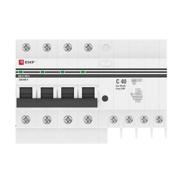 Residual current circuit breaker with overcurrent protection AD-4 4P 40A characteristic C 30mA type AC electronic 4.5kA PROXIMA EKF DA4-40-30-pro