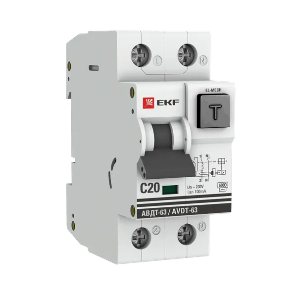 Автоматический выключатель дифференциального тока АВДТ-63 1P+N 20А характеристика C 100мА тип AС электромеханический 6кА EKF PROXIMA DA63-20-100em-AC