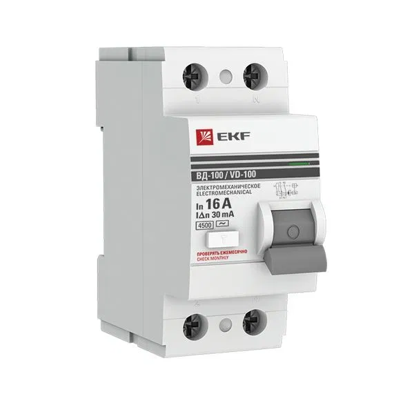 Residual current circuit breaker VD-100 2P 16A 30mA type AC electromechanical 4.5kA PROXIMA EKF elcb-2-16-30-em-pro