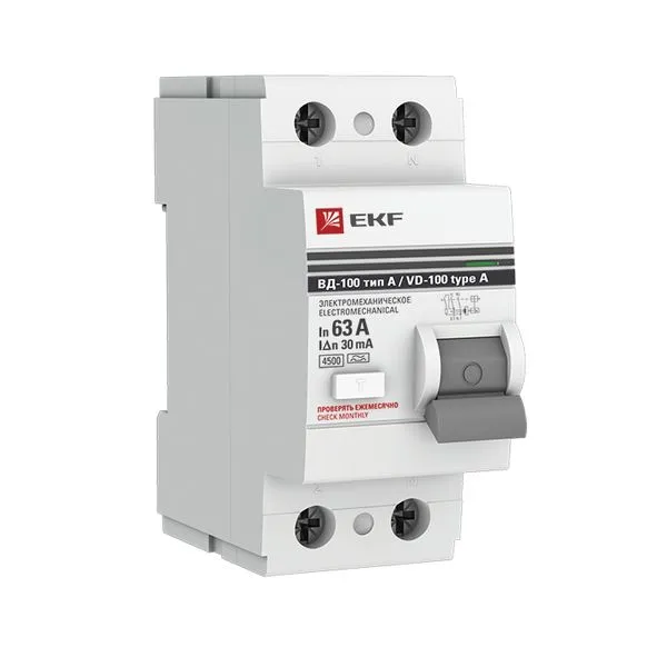 Residual current circuit breaker VD-100 2P 63A 30mA type A electromechanical 4.5kA PROXIMA EKF elcb-2-63-30-em-a-pro