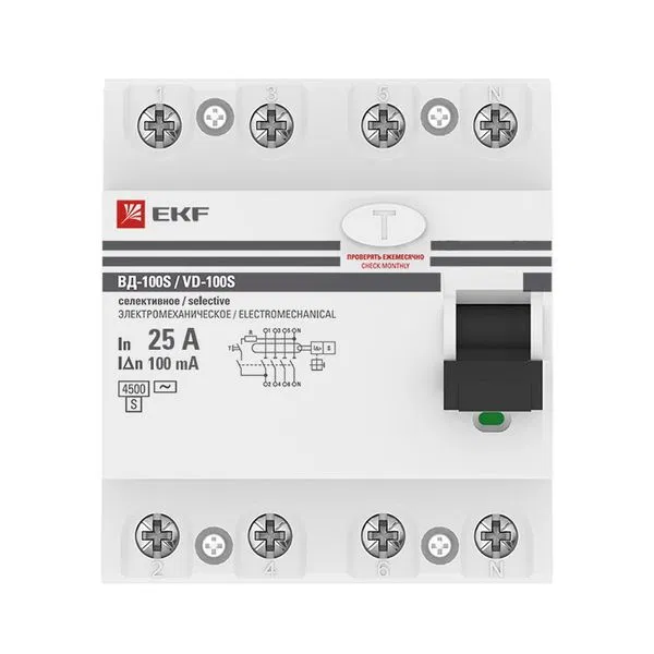 RCD VD-100 4P (S) 25A 100mA type AC electromechanical 4.5kA selective PROXIMA EKF elcb-4-25-100S-em-pro