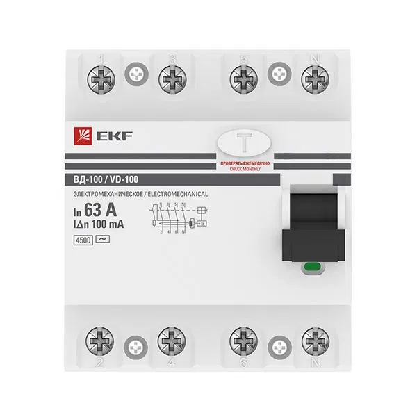 Residual current device VD-100 4P 63A 100mA type AC electromechanical 4.5kA PROXIMA EKF elcb-4-63-100-em-pro