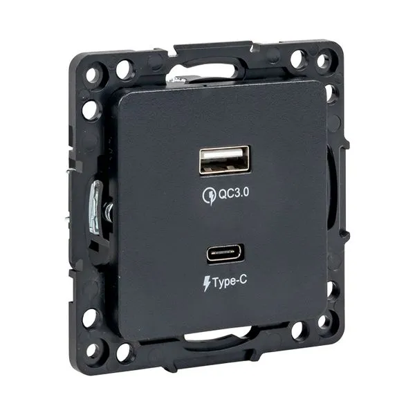 Стокгольм Механизм Розетки с 2USB type-A + type-C черный EKF EZR-2USB-type-C