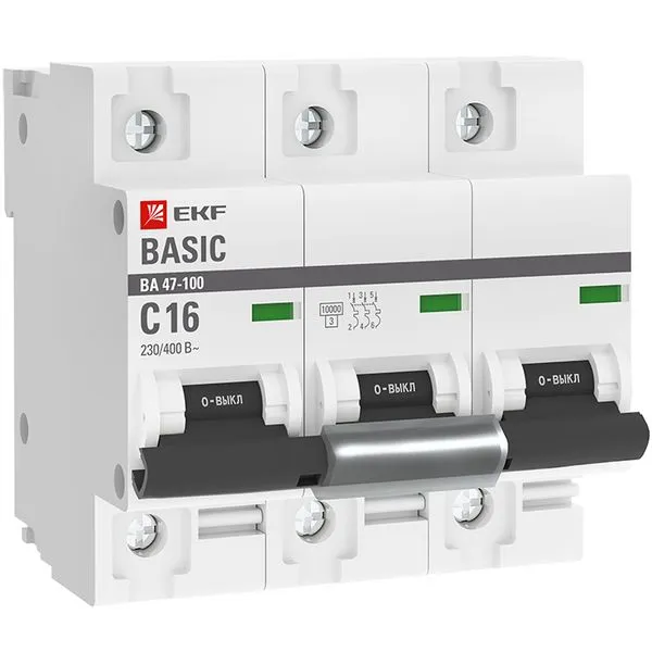 Автоматический выключатель 3P 16А (C) 10kA ВА 47-100 EKF Basic mcb47100-3-16C-bas
