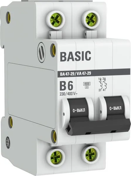 Автоматический выключатель ВА 47-29 2P 6А (B) 4,5кА BASIC mcb4729-2-06-B EKF