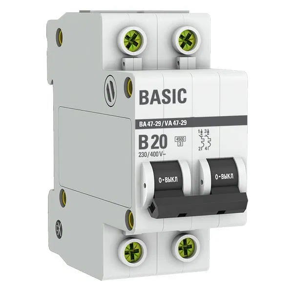 Circuit breaker VA 47-29 2P 20A (B) 4.5kA BASIC mcb4729-2-20-B EKF