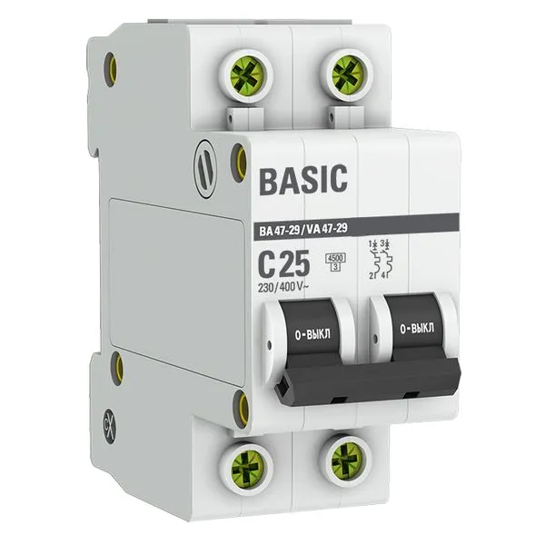 Автоматический выключатель ВА 47-29 2P 25А (C) 4,5кА BASIC mcb4729-2-25C EKF