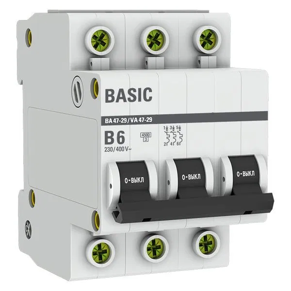 Circuit Breaker VA 47-29 3P 6A (B) 4.5kA BASIC mcb4729-3-06-B EKF