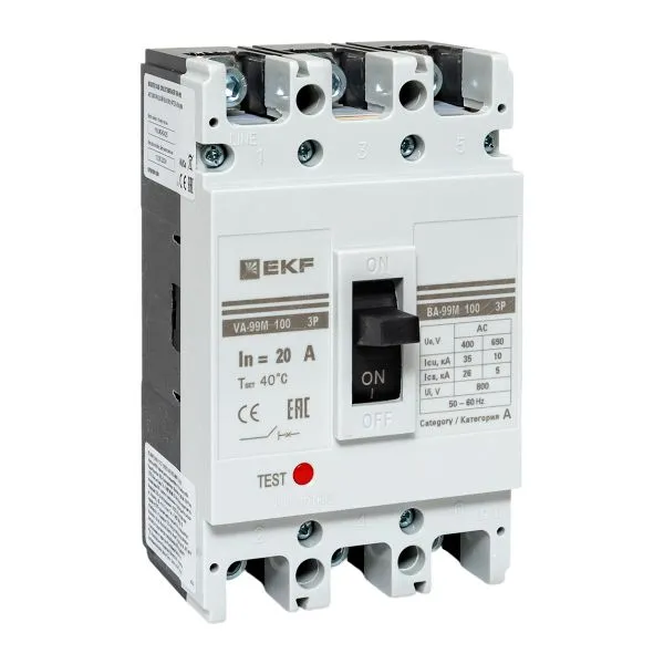 Moulded case circuit breaker VA-99M 100/20A 3P 10In 35kA with thermal-magnetic release EKF mccb99-100-20m