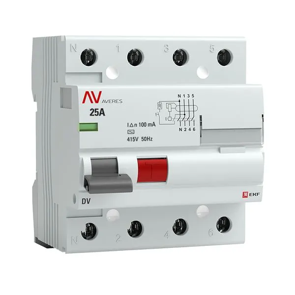 Residual current circuit breaker DV 4P 25A 100mA type AC electromechanical 10kA AVERES EKF rccb-4-25-100-ac-av