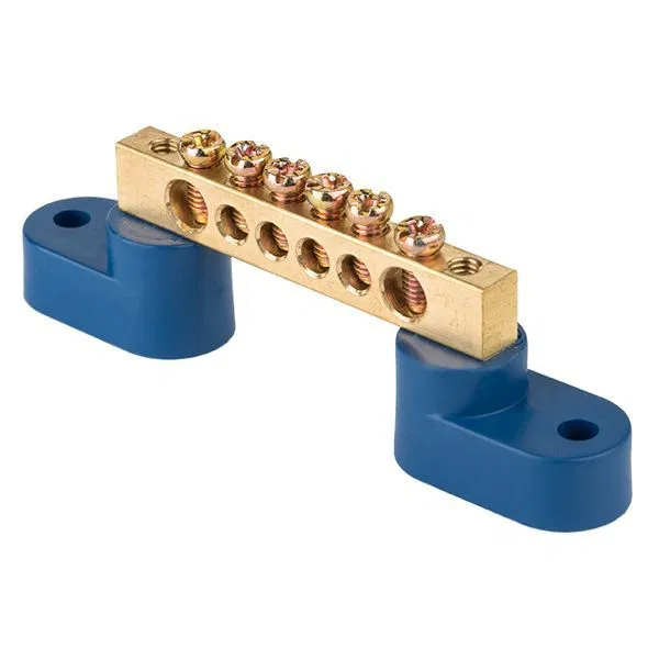 Busbar zero N 6x9 6 holes 2 blue corner insulators brass PROxima EKF sn0-2-63-06