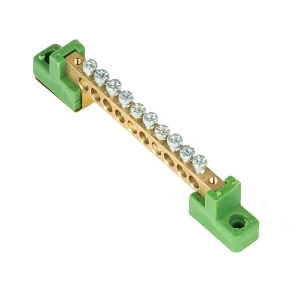Busbar zero PE 6x9 10 deg. brass with contact plate 2 green angular insulators PROxima EKF sn0-63-10-2-pe