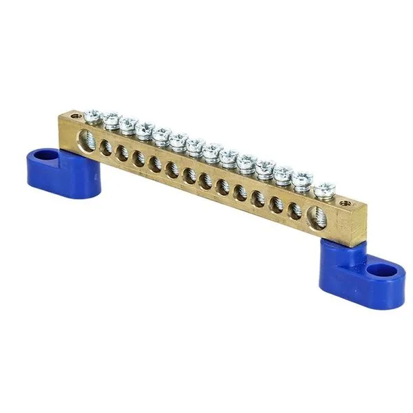 Neutral Busbar N (6x9mm) 14 holes brass 2 blue angle insulators EKF PROxima sn0-63-14-2
