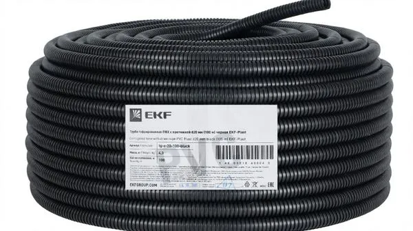 Труба гофрированная ПВХ d20мм с протяжкой черн. (уп.100м) Plast EKF tg-z-20-100-black