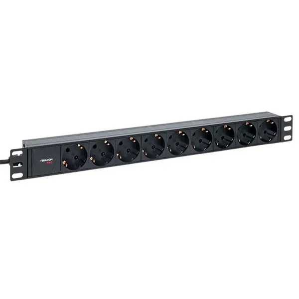 Блок розеток PDU TERACOM PRO 19" 1U 10А/250В 9 розеток Schuko шнур питания длиной 2 метра сечение 3x1,5 мм2 вилка C14 корпус алюминий черный TRP-HPD-10A-9SH-2MC14 EKF