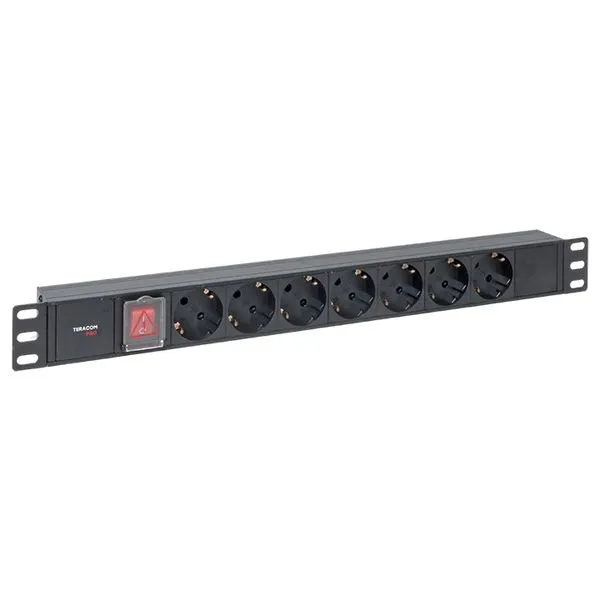 Блок розеток PDU TERACOM PRO 19" 1U 10А/250В 7 розеток Schuko с выключателем без шнура питания входной разъем C14 корпус алюминий черный TRP-HPD-LS-10A-7SH-C14 EKF