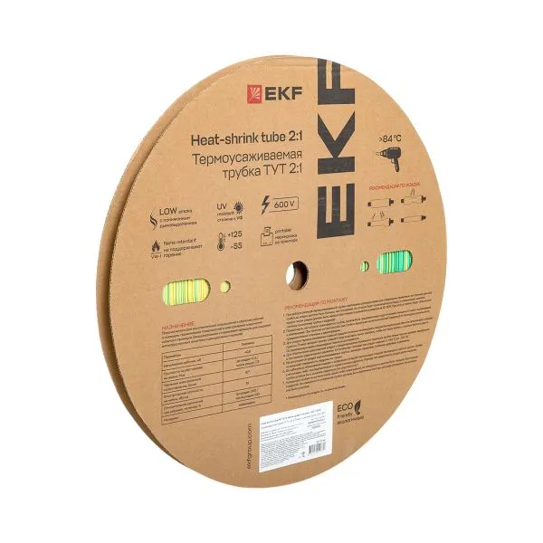 Трубка термоусадочная ТУТ нг 10/5 желт./зел. (уп.100м) EKF tut-10-yg