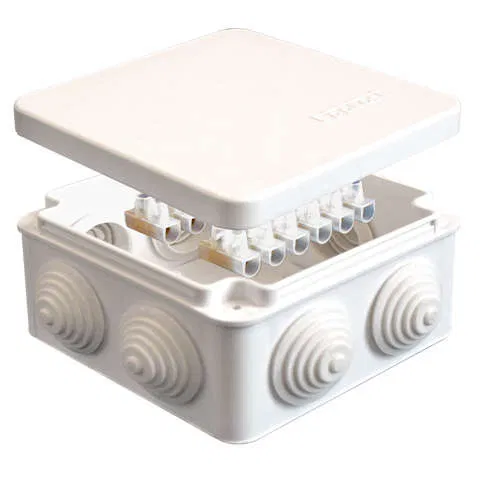 Distribution box OP 105x105x56mm IP54 with terminals. 7 outputs 4 cable glands 10A 12 contacts snap-on lid white. Epplast 100013 Elektropromplast