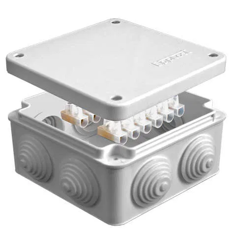 Distribution box OP 105x105x56mm IP54 with terminals. 7 outputs 4 cable glands 10A 12 contacts screw lid ser. Epplast 110044 Elektropromplast