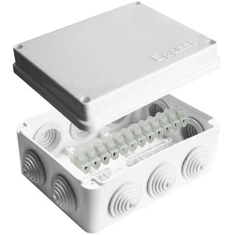 Distribution box OP 150x110x70mm IP54 with terminal. 10 outputs 10 cable glands 10A 12 contacts screw lid white. Epplast 210315 Elektropromplast