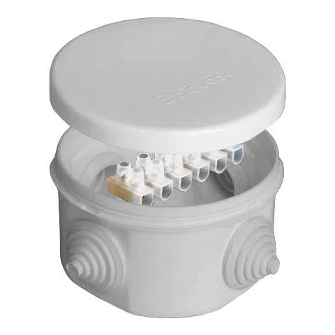 Distribution box OP d75x45mm IP54 with terminals. 4 outputs 4 cable glands 10A 6 contacts snap-on lid ser. Epplast 240344 Elektropromplast