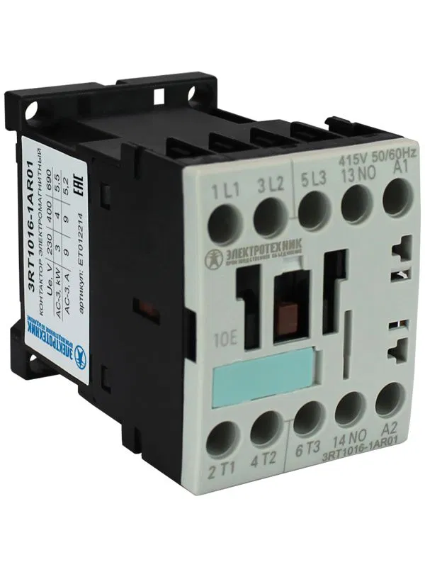 Контактор электромагнитный 3RT1016-1AR01 3-пол. 9А AC-3 4кВт/400В 1НO 415В AC 50/60Гц типоразмер S00 винт. клеммы IP20 Электротехник ET012214