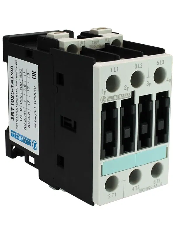 Контактор электромагнитный 3RT1025-1AP00 3п 17A кат. 230В AC 50Гц IP20 AC-3 7.5кВт 400В типоразмер S0 винтов. клеммы Электротехник ET012219