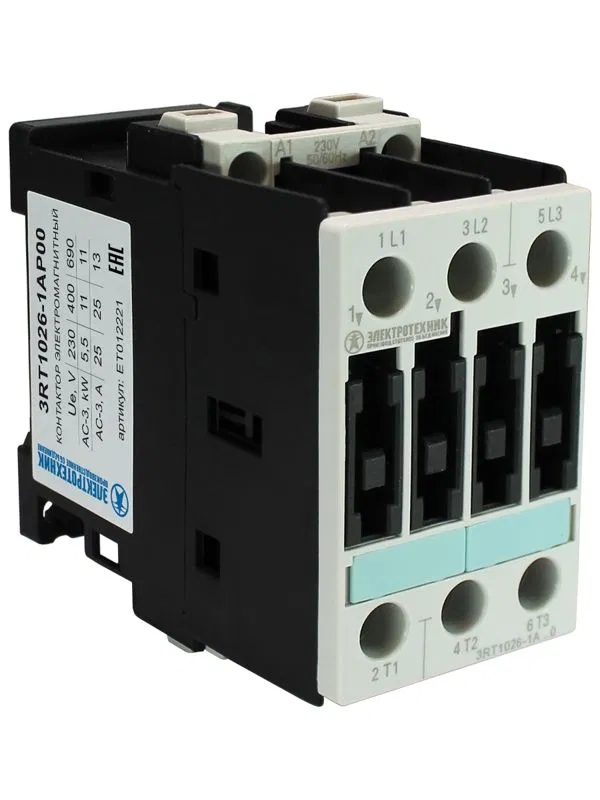 Контактор электромагнитный 3RT1026-1AP00 3п 25A кат. 230В AC 50Гц IP20 11кВт AC-3 400В типоразмер S0 винтов. клеммы Электротехник ET012221