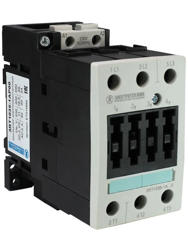 Контактор электромагнитный 3RT1035-1AP00 3п 40A кат. 230В AC 50Гц IP20 AC-3 18.5кВт 400В типоразмер S2 винтов. клеммы Электротехник ET014682