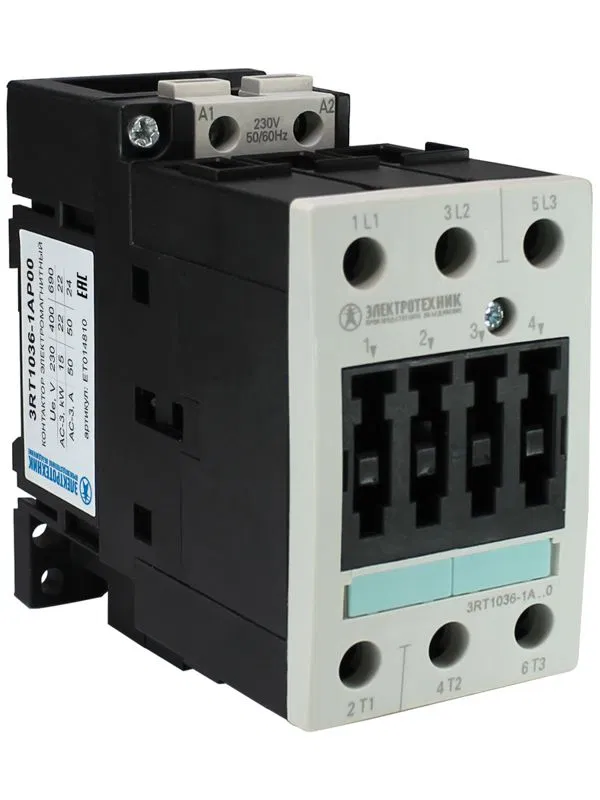 Контактор электромагнитный 3RT1036-1AP00 3п 50A кат. 230В AC 50Гц IP20AC-3 22кВт 400В типоразмер S2 винтов. клеммы Электротехник ET014810