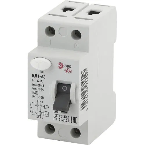 剩余电流动作保护器 (RCD) 1P+N 63A 300mA ВД1-63 Pro NO-902-30 ЭРА Б0031877